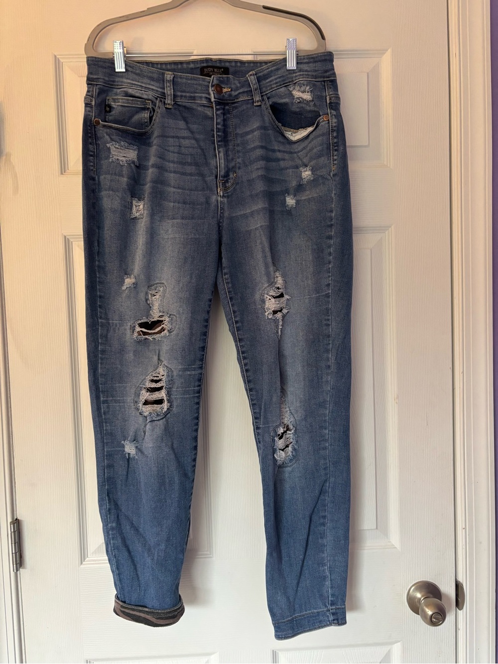 Judy Blue Distressed Boyfriend Jeans - Camo & Faded Blue